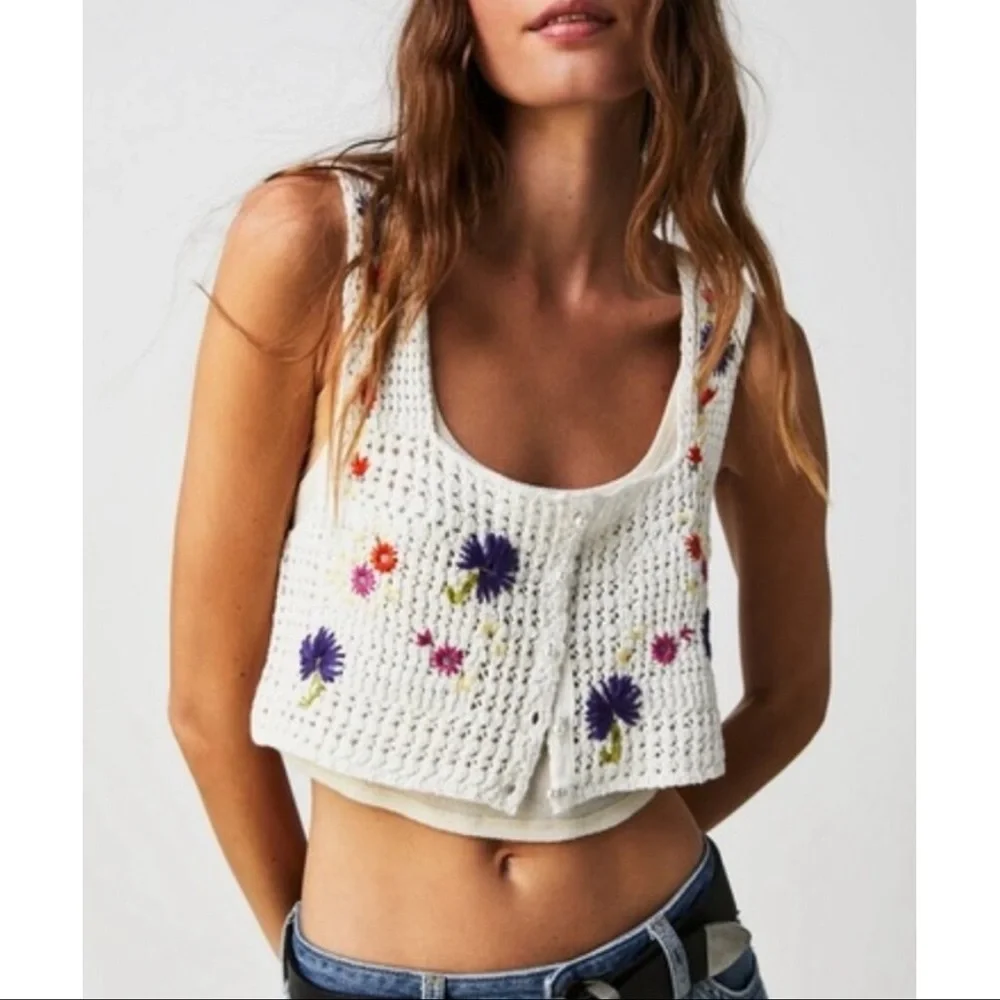 Free People Wildflowers Crochet Tank Crop Top White Floral Flowers Size XL